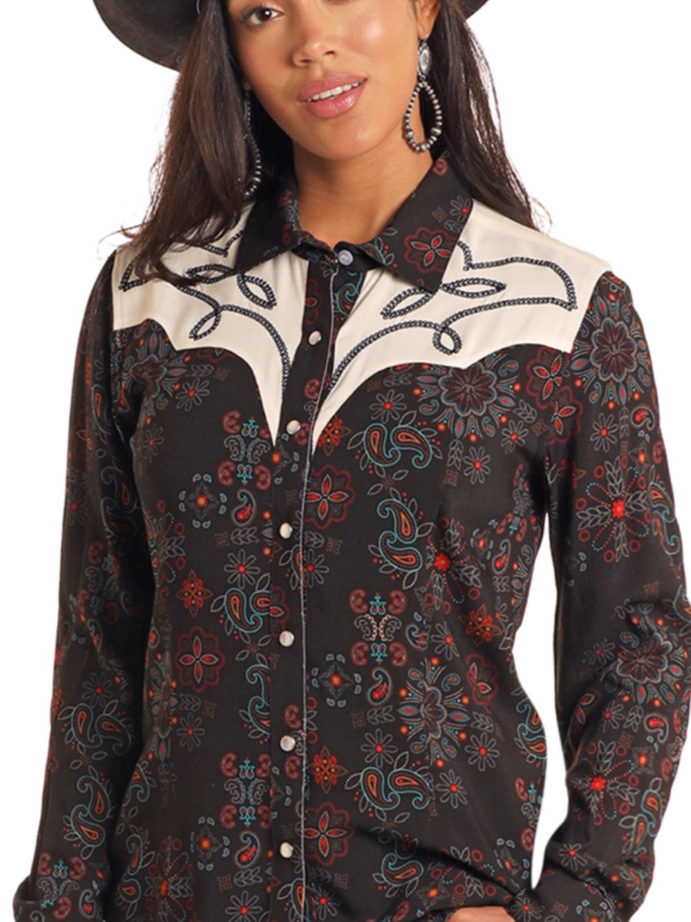 Panhandle Western Floral Snap-Front Shirt - Black & Cream